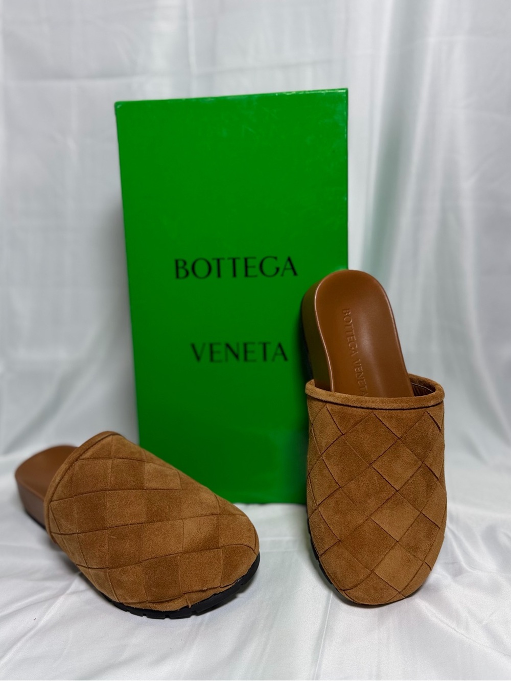 Bottega Veneta Tan Suede Woven Slide Mules Size 36 New in Box Discontinued